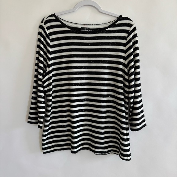 Talbots Sweaters - Talbots Black White Striped Sequin Sweater 3/4 Sleeve 1X Holiday NYE Festive